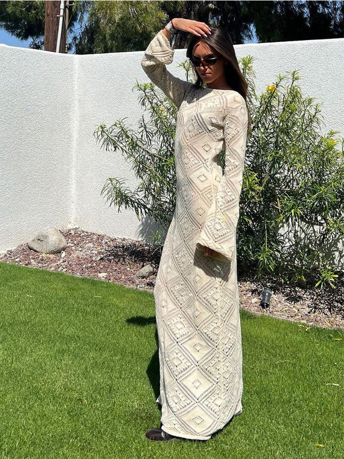 Women Maxi Dress Long Sleeve V Neck Argyle Knit Bell Sleeves Cover Up By Sweetkama