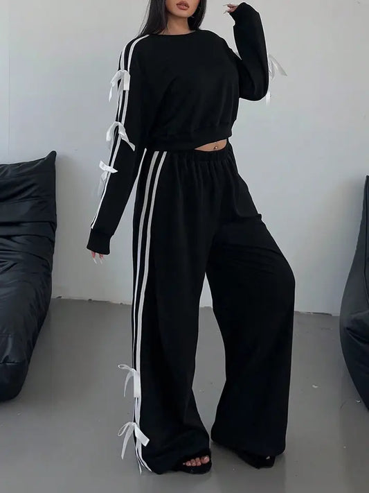 Women Long Sleeve Pull Over Stripe Bow Embellished 2 Piece Set