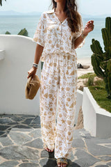 Printed Button Up Shirt and Pants 2pcs Set Black