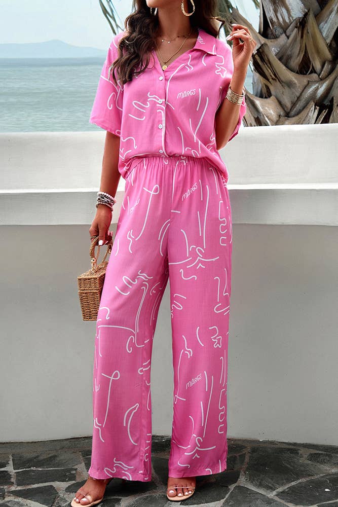 Printed Button Up Shirt and Pants 2pcs Set Black