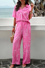 Printed Button Up Shirt and Pants 2pcs Set Black