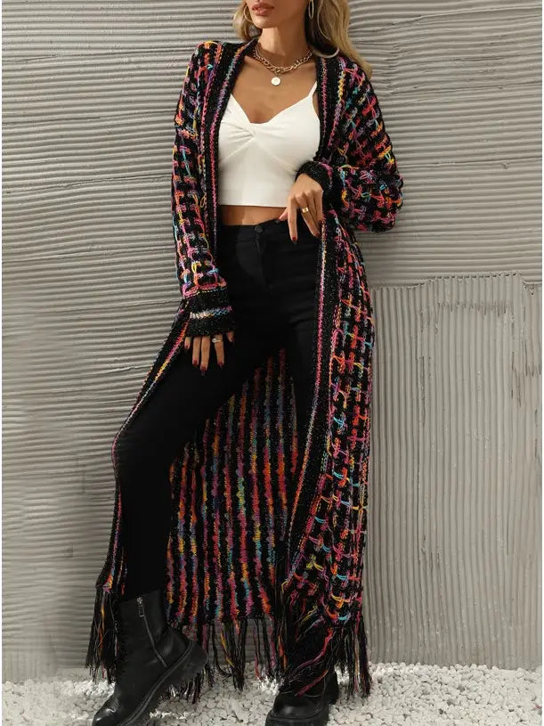 Women Tassel Color Block Maxi Sweater
