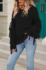 Women Solid Color Tassel Pullover Sweater Rosy / L