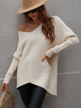 Women V Neck Loose Knit Tunic Sweater
