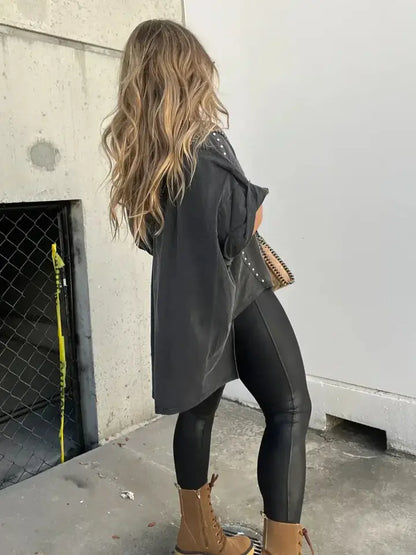 Casual Roll Up Sleeve Oversized Studded Wash Tee
