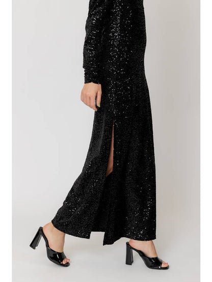 Women Long Sleeve Mock Neck Sequin Maxi Dress with Side Cut-Out