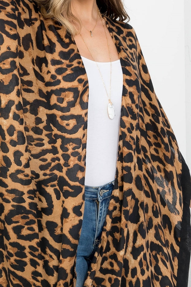 Women Long Open Front  Leopard Print Shawl Kimono