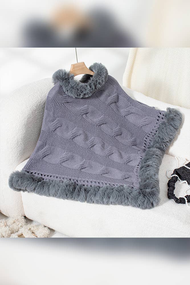 Women Faux Fur Collar Chunky Cable Knit Sweater Cape Coffee