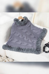 Women Faux Fur Collar Chunky Cable Knit Sweater Cape Coffee