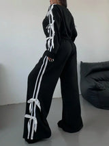 Women Long Sleeve Pull Over Stripe Bow Embellished 2 Piece Set