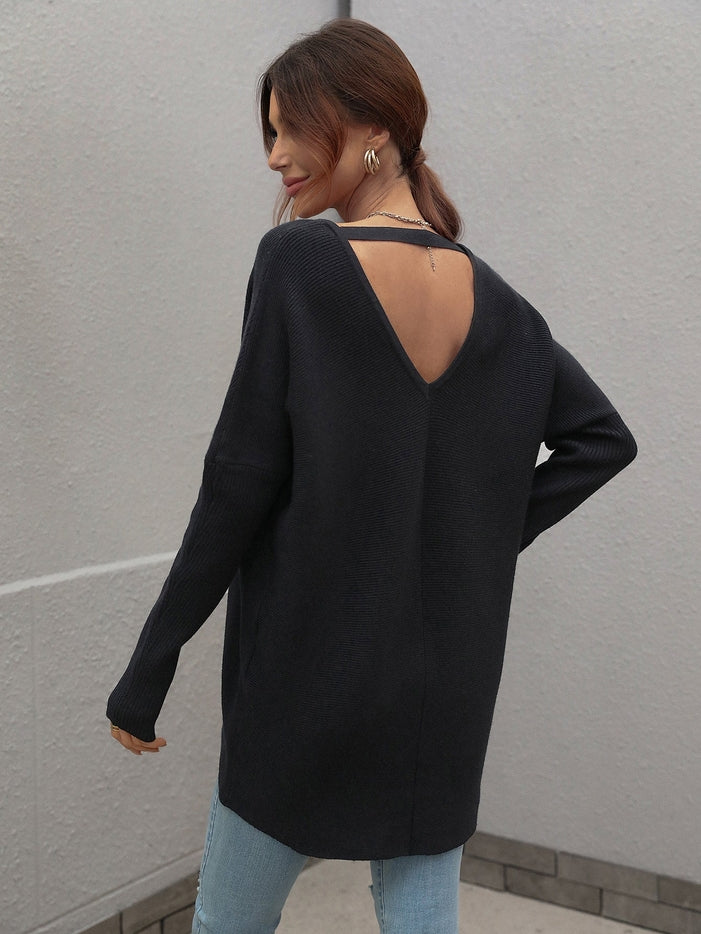 Women V Neck Loose Knit Tunic Sweater