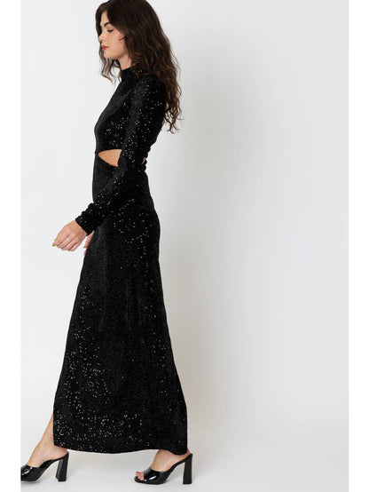 Women Long Sleeve Mock Neck Sequin Maxi Dress with Side Cut-Out