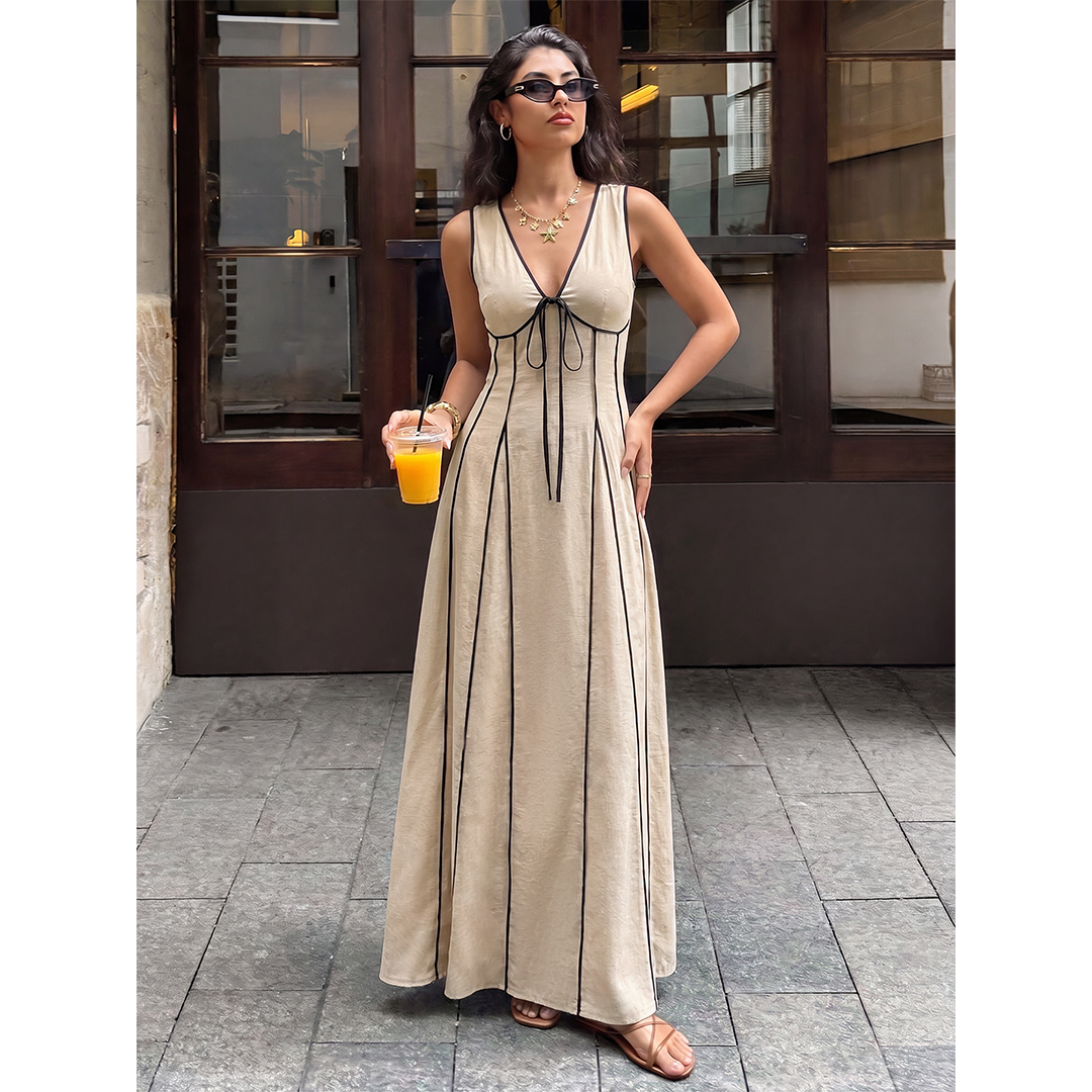 French Contrast Trim Tie-Waist Sleeveless Dress