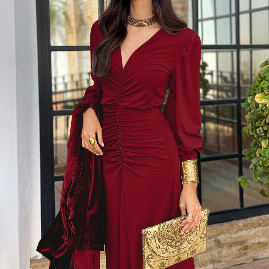 Women V Neck Long Sleeve Maxi Dress with Ruched Bodice