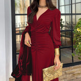 Women V Neck Long Sleeve Maxi Dress with Ruched Bodice
