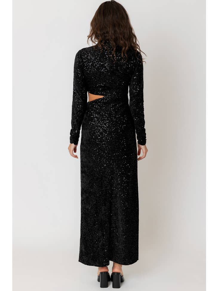 Women Long Sleeve Mock Neck Sequin Maxi Dress with Side Cut-Out