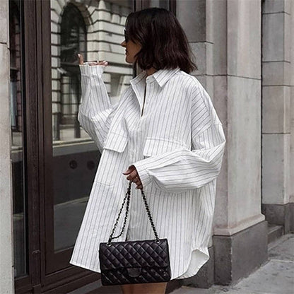 Striped Shirt Dress with Versatile Long Sleeves: WHITE / L