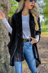 Women Solid Black 3D Textured Open Front Soft Kimono Cardigan: Black / One Size