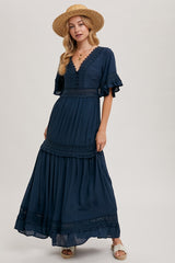 Women V- Neck Lace trim Maxi Dress By Bluivy