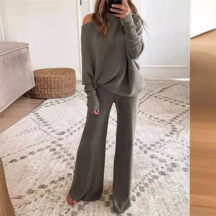 Women Long Sleeve Round Neck Long Pant Knit Set