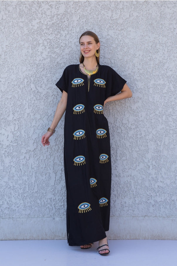 Women Cotton Embroidered Evil Eye Kaftan Maxi Dress by Gipci