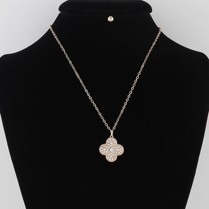 Women Necklace & Earrings Jeweled Clover Pendant Necklace Set with Earrings