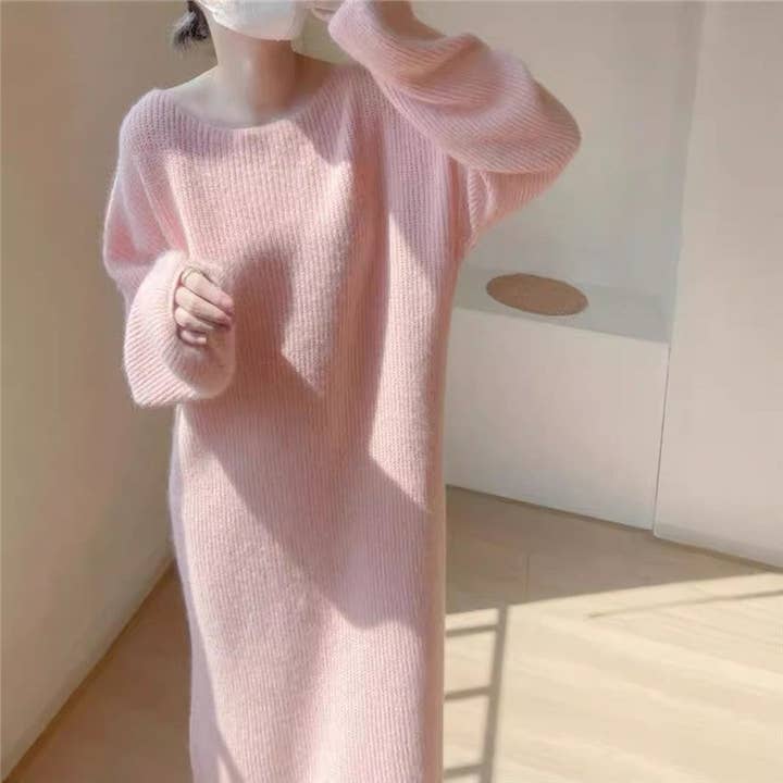 Women Loose Fit Solid Color Knee Length Sweater Dress