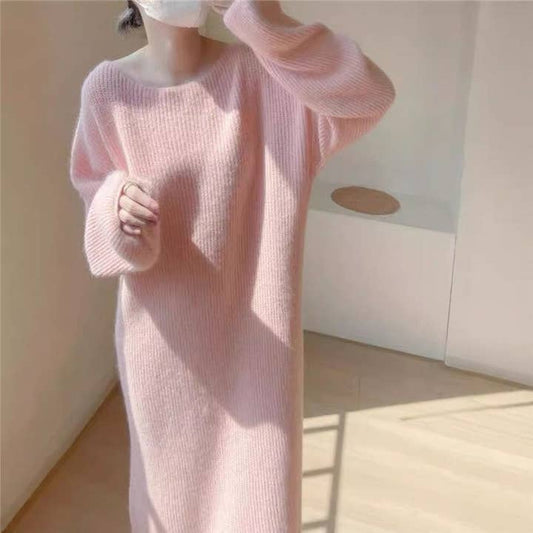 Women Loose Fit Solid Color Knee Length Sweater Dress