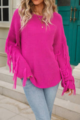 Women Solid Color Tassel Pullover Sweater Rosy / L