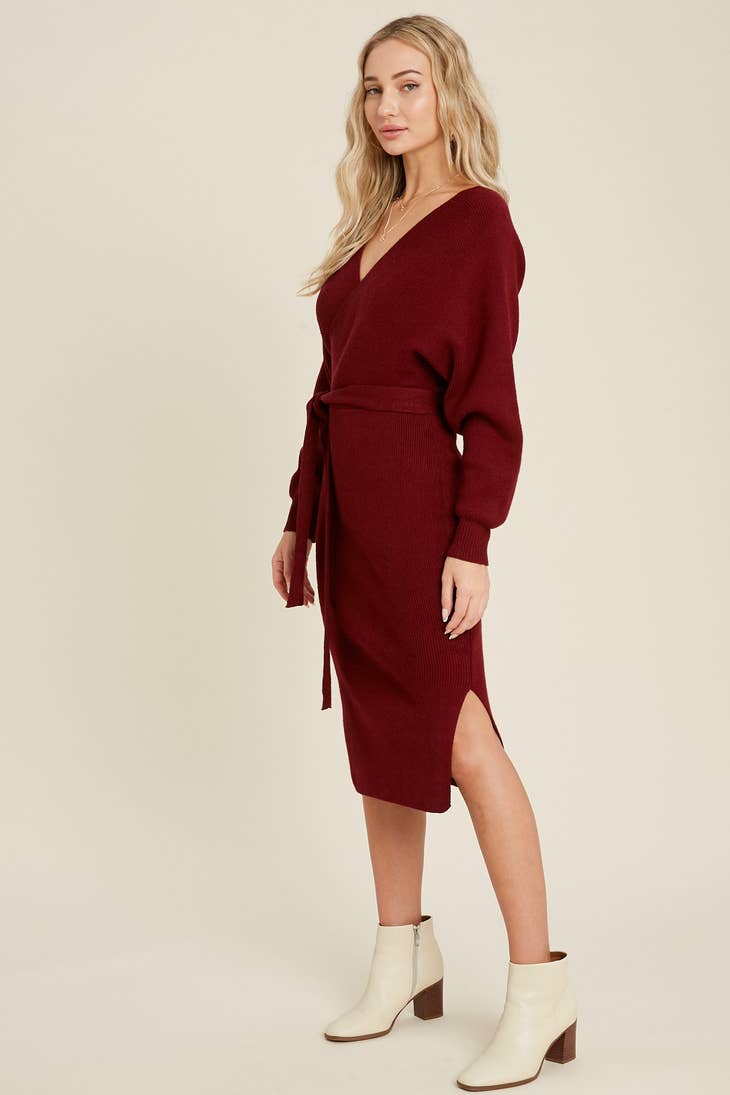 Women Surplice Belted Sweater Dress