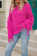 Women Solid Color Tassel Pullover Sweater Rosy / L