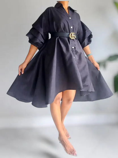 Women Swing Dress /Faux Silk /Ruffle Sleeve