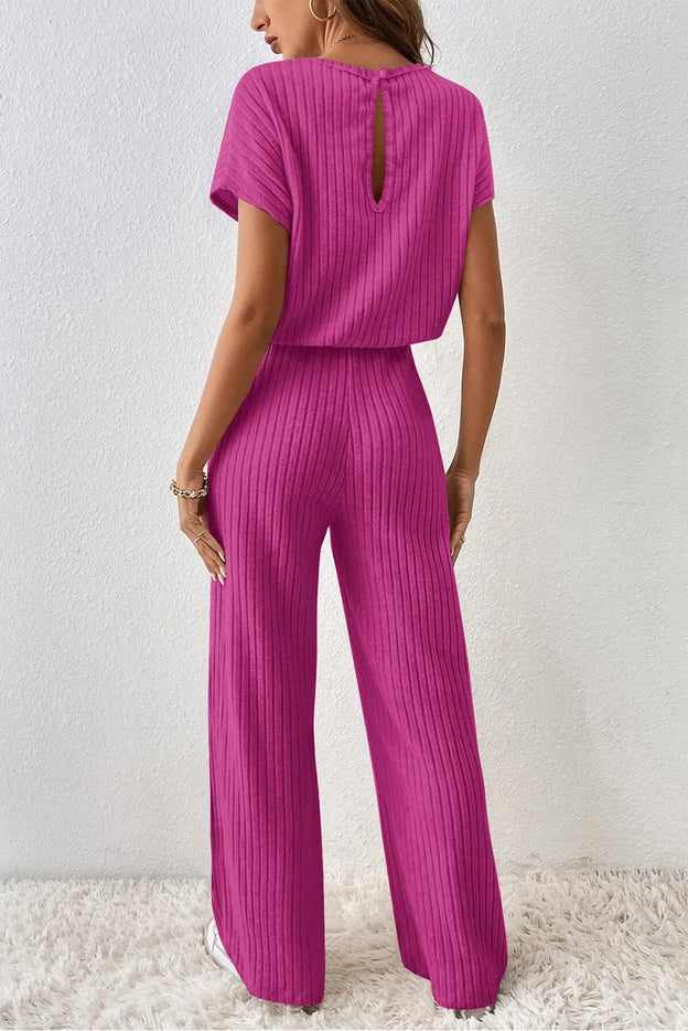 Women Short Sleeve Solid Rib Wide Leg Jumpsuit By Lovesoft