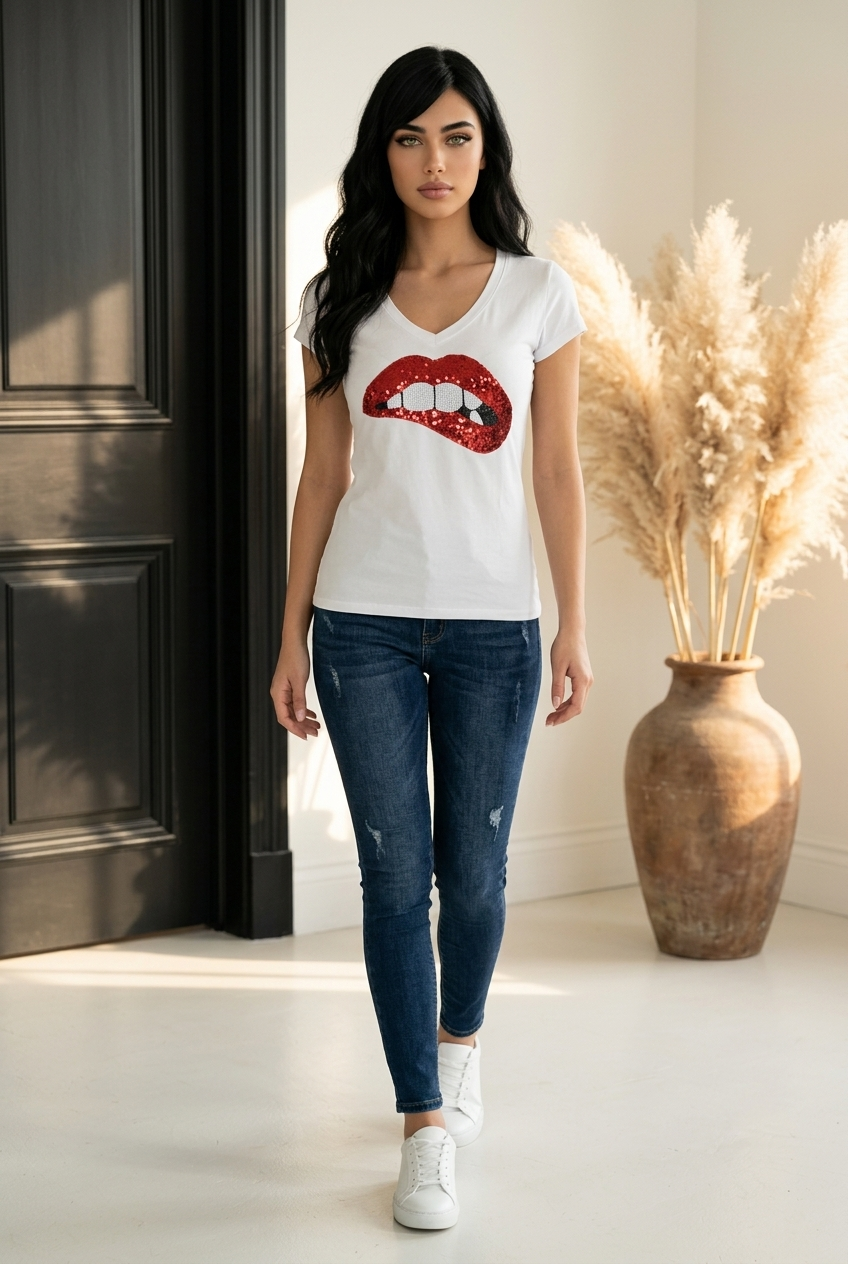 Women & Junior Short Sleeve T shirt- Sequin Lips By Bling Bling U Sparkle Girl