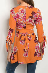 Women Tunic Top Tie Sleeve Ruched Detail Floral Print
