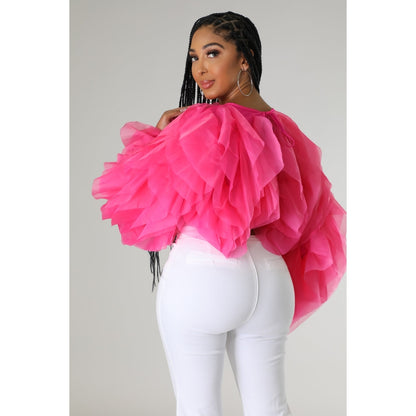 Women Long Sleeve Ruffle Tulle Crop Top Blouse