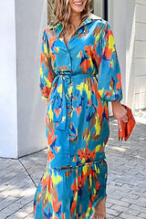 Blue Printed Buttoned Lantern Sleeves Maxi Dress