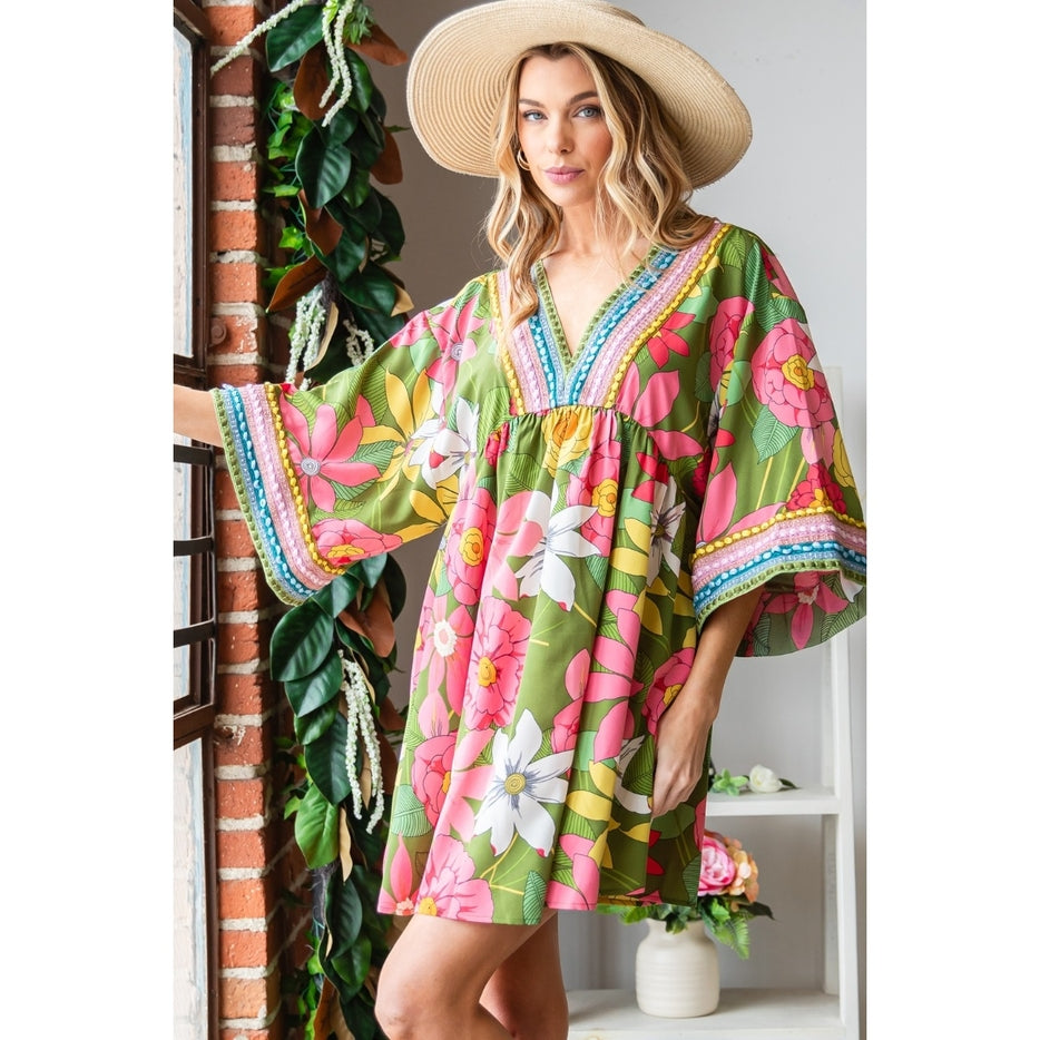 Women Dress Tunic Floral Print with Real Embroidery By Veveret
