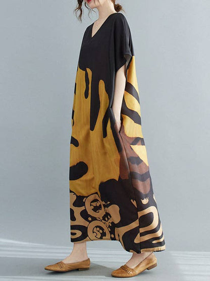 Vintage Loose Leaf Printed Midi Dress: YELLOW / One_size