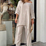 New Women's Cotton Linen Casual Wide Leg Pants Two Piece Set
