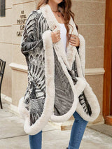 Women Long Sleeves Loose Jacquard Keep Warm Velvet Collarless Cape Shawl