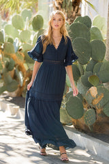 Women V- Neck Lace trim Maxi Dress By Bluivy