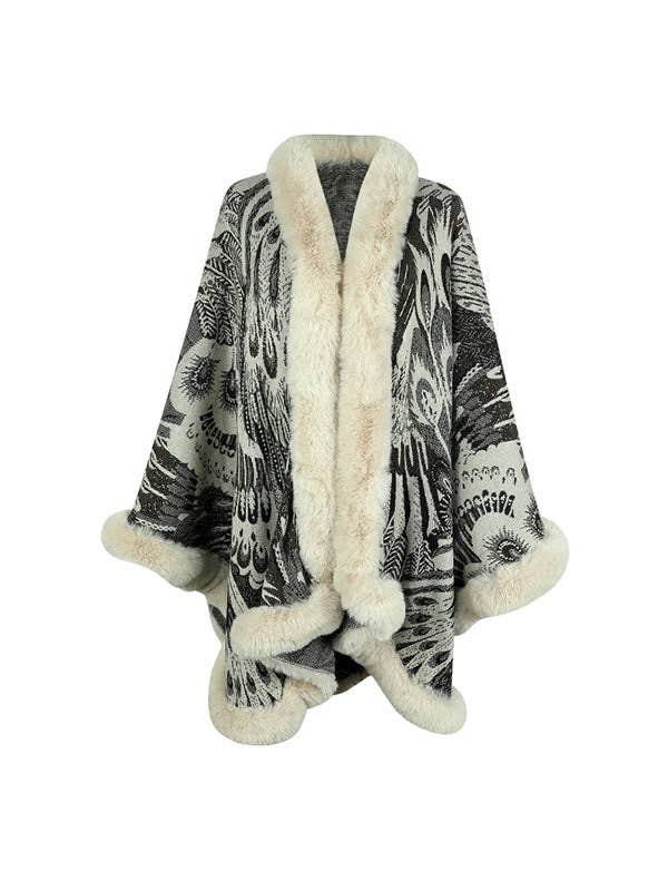 Women Long Sleeves Loose Jacquard Keep Warm Velvet Collarless Cape Shawl