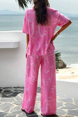 Printed Button Up Shirt and Pants 2pcs Set Black