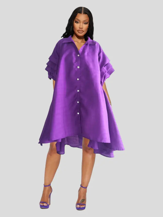 Women Swing Dress / Faux Silk /Ruffle Sleeve