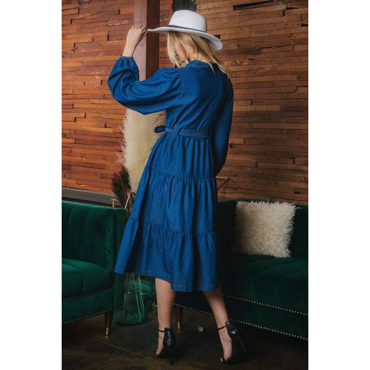 Women Denim Midi Tiered Dress