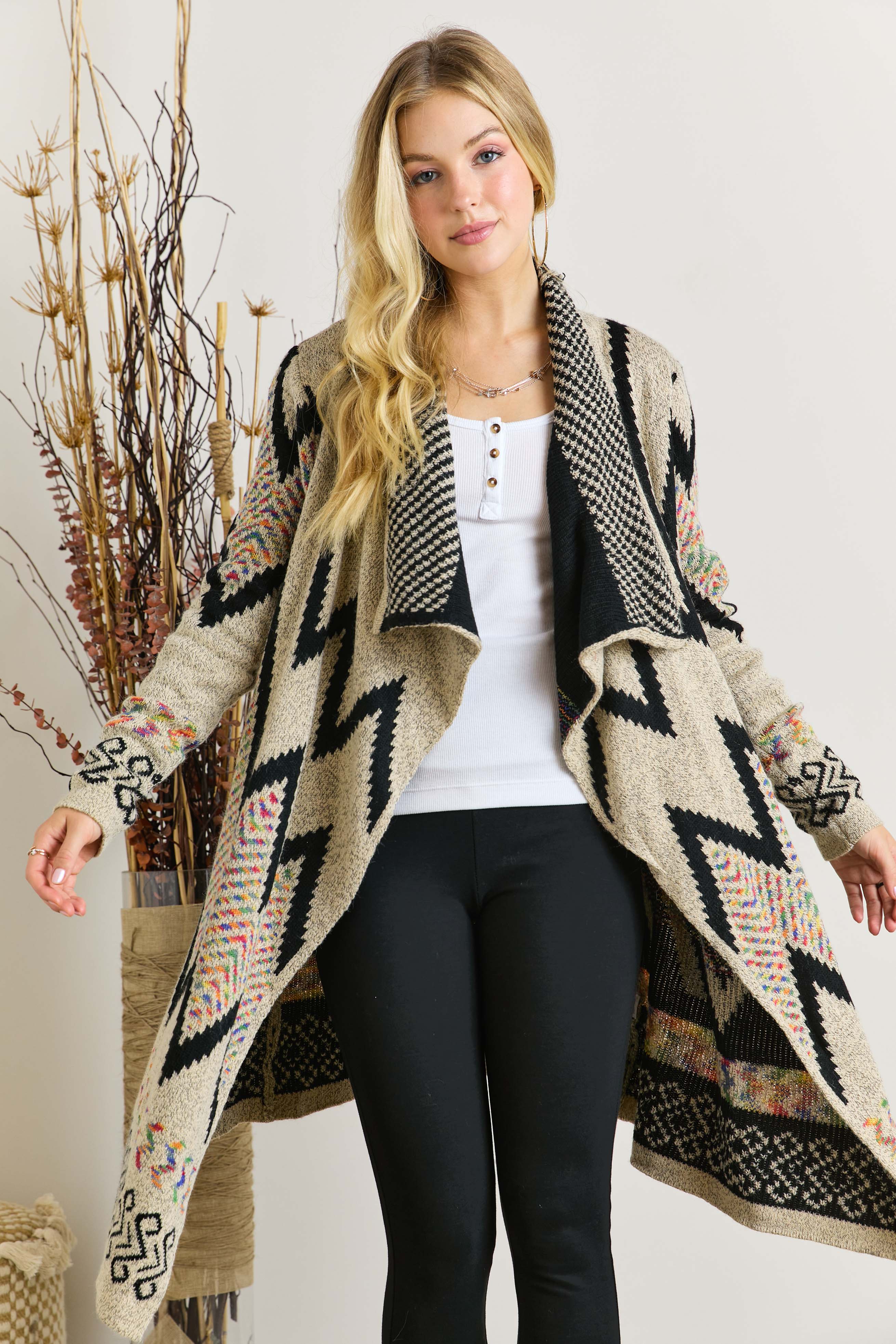 Women Sweater Aztec MULTI COLOR AZTEC SWEATER CARDIGAN: BEIGE