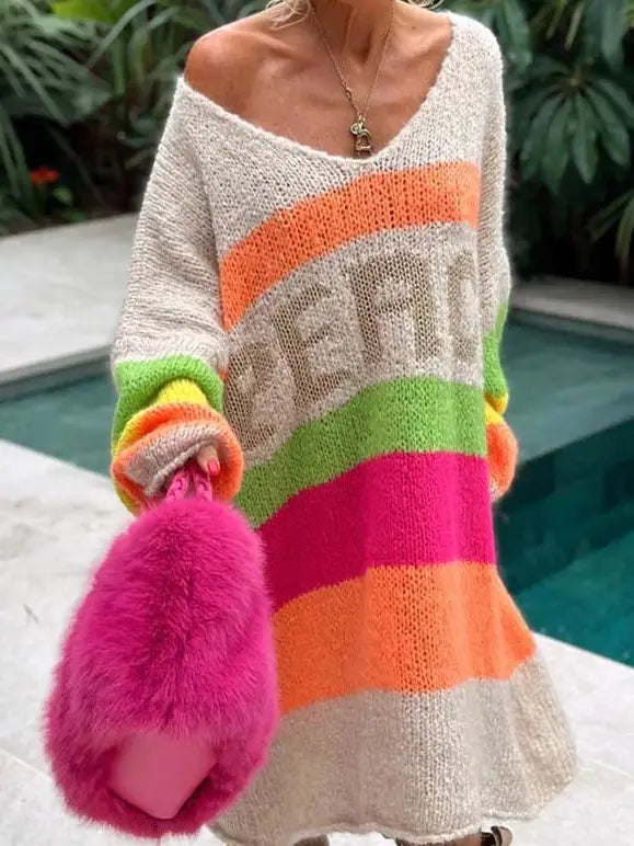 Women Midi knit Color block Sweater