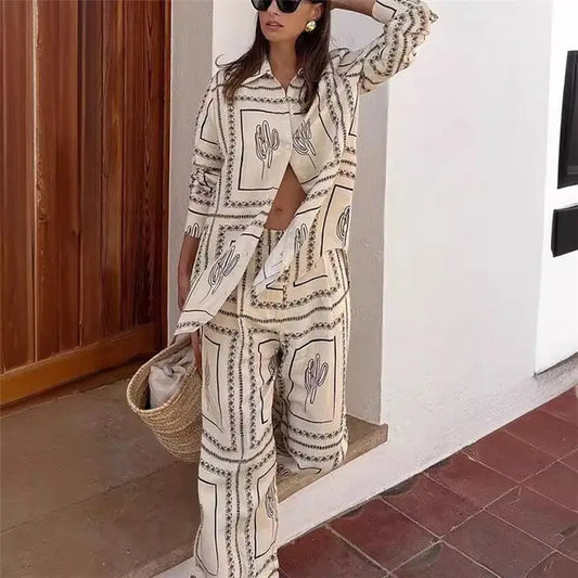 Printed Button Up Shirt And Pants 2pcs Set-Slim Style Pants: 03 /