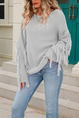 Women Solid Color Tassel Pullover Sweater Rosy / L